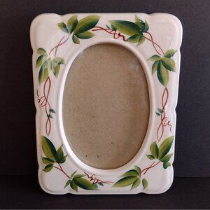 Vintage Ceramic 7" X 9" Frame Hand Painted Leaf Green Ivy Design Oval Photo